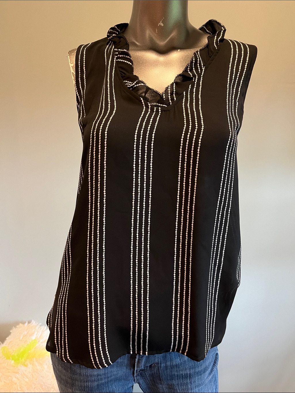Ann Taylor Factory Black Sleeveless V-Neck Ruffle Stripe Camisole
